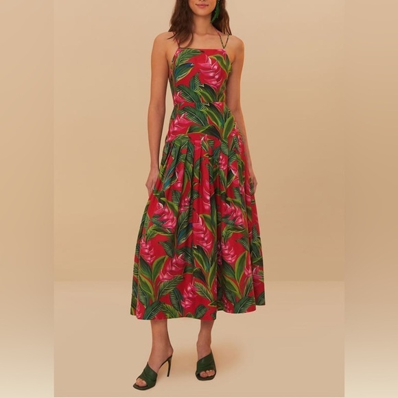 FARM Rio Dresses & Skirts - FARM RIO Square Neck Midi Dress in Linen Blend - Red B1353